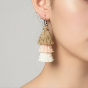 Boho Ombre Tassel Earrings | Cream Tan Olive Green Tiered Fringe